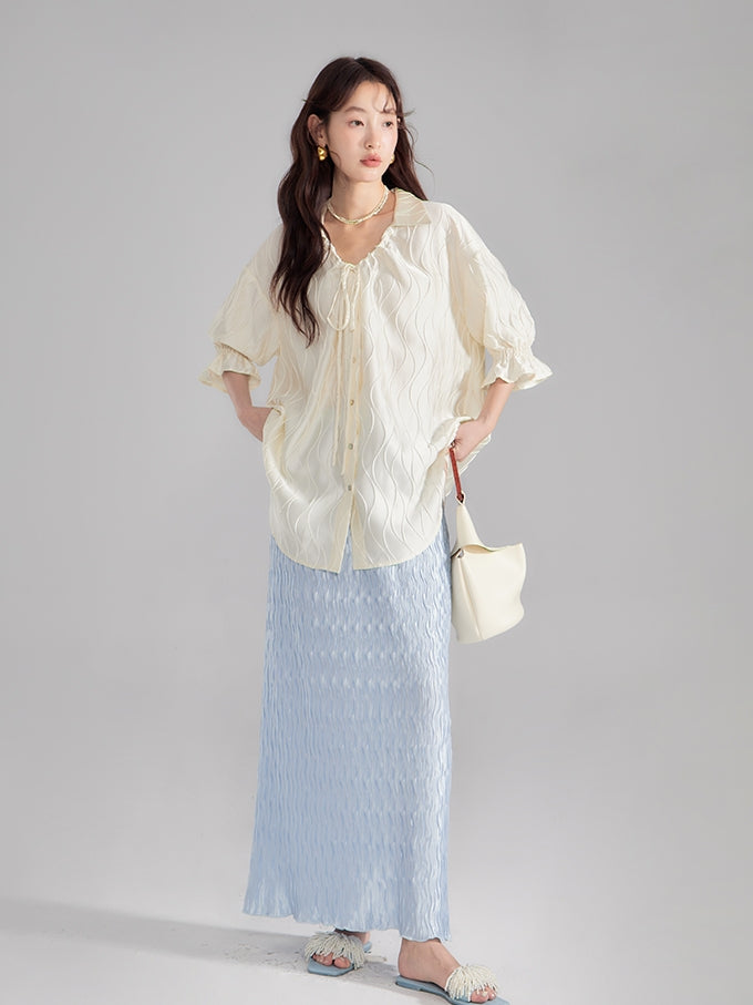 Embroidery Oversize Candy-Sleeve Wave Blouse