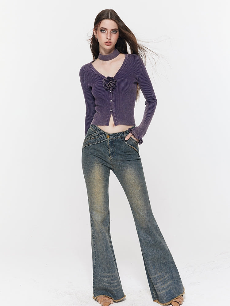 Rose Corsage Slim Retro Plain Knit &amp; Denim-Pants