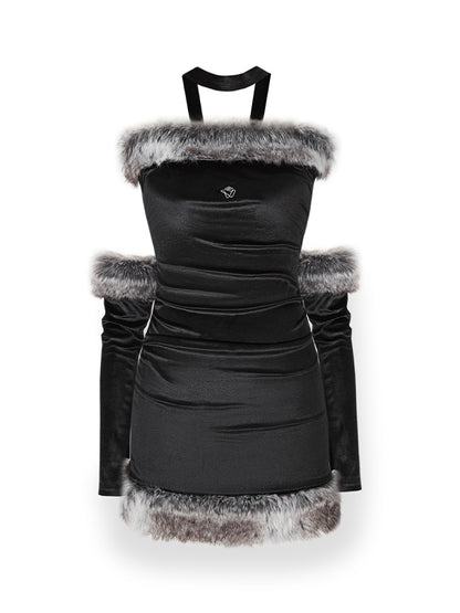 Bare-Top Fur Elegant Taight Arm-Cover One-Piece