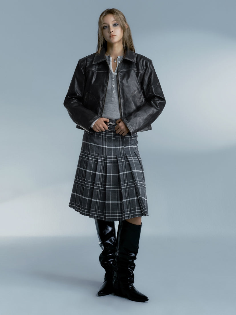 Checked Box-Pleats Girly Middle Skirt