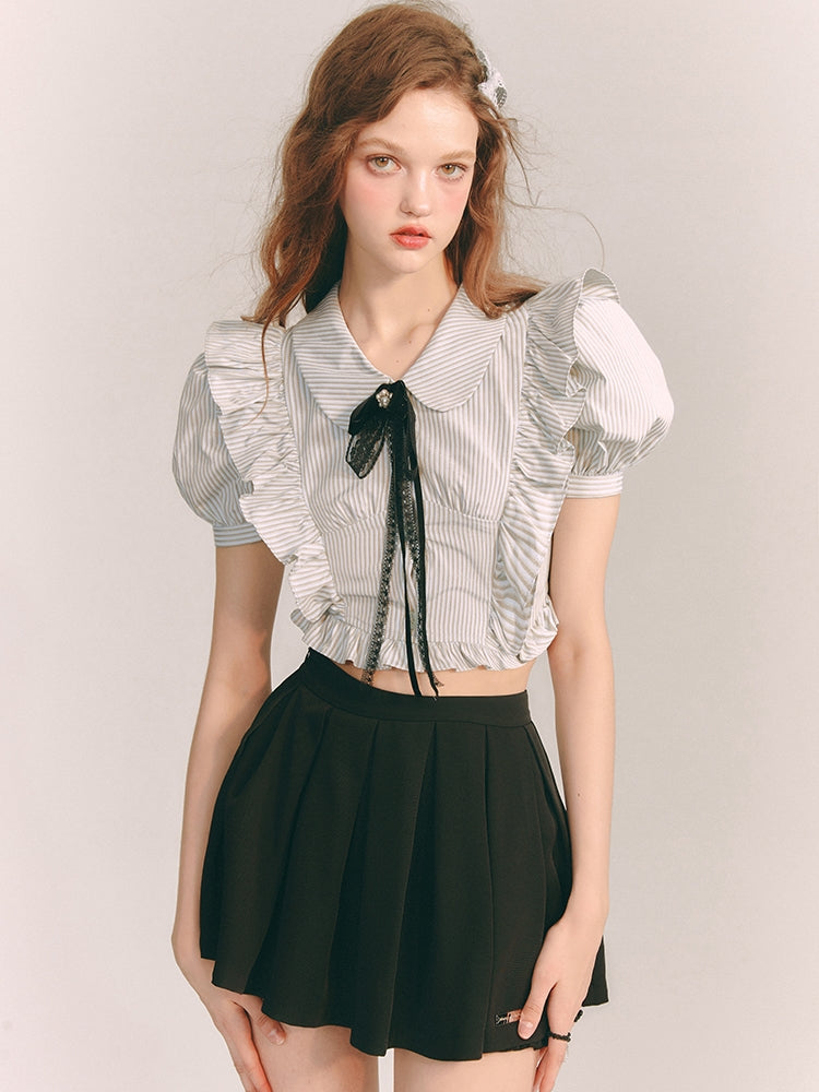 Stripe Frill Cropped Puff-Sleeve Blouse