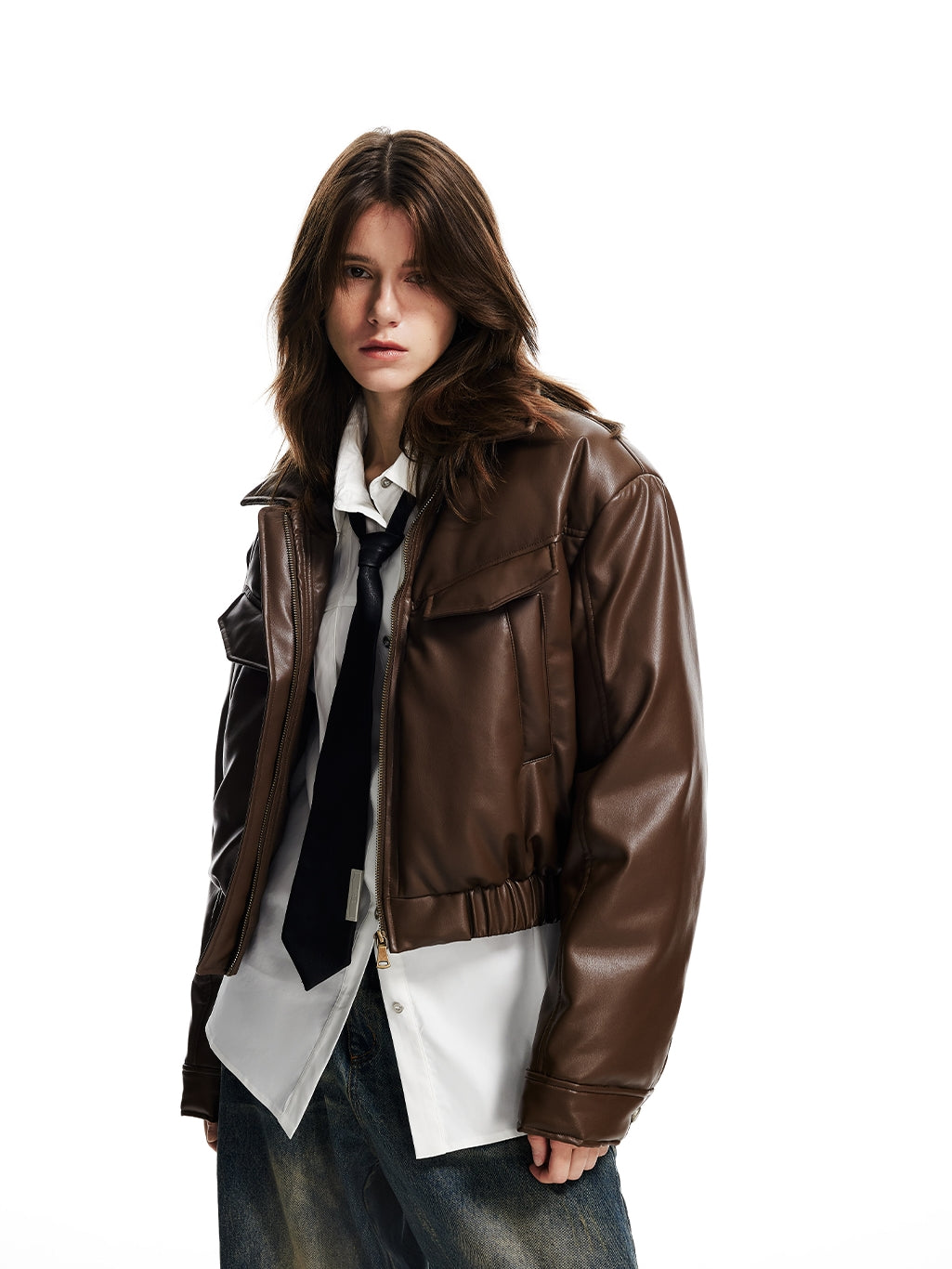 Short Plain Classic Leather-Jacket Down-Jacket