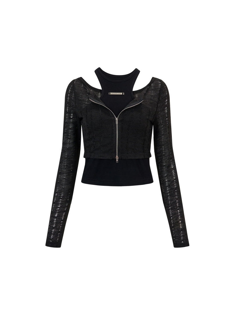 Fake-Layered Tight Zip Thin Knit Tops