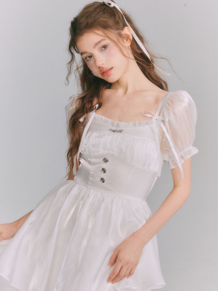 Sheer Puff-Sleeve Tiered Asymemtry Long One-Piece