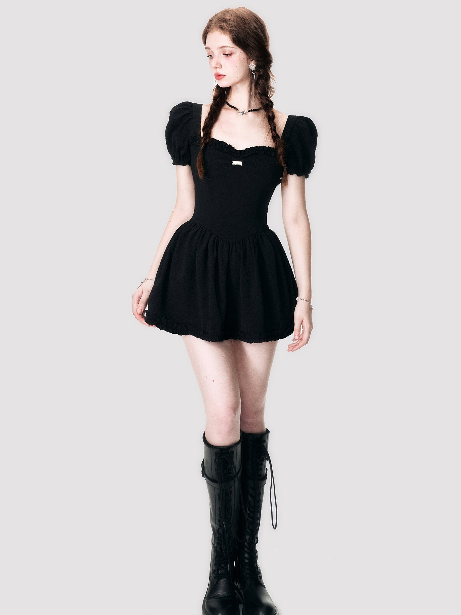 Puff-Sleeve Embroidery Balloon One-Piece