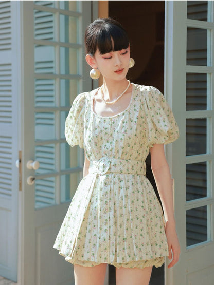 Flower Embroidery Balloon-Sleeve One-Piece Tops&amp;Short-Pants