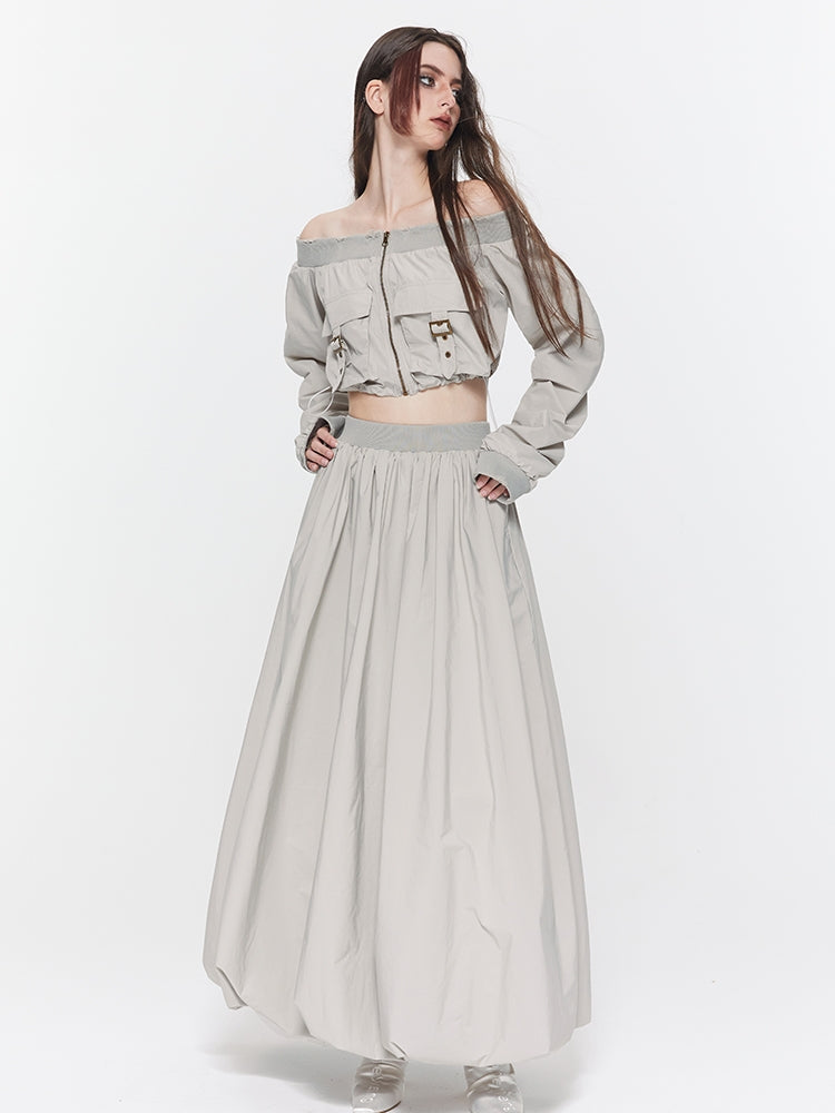 Off-Shoulder-Schaden Ballon Toops &amp; Long-Scirt