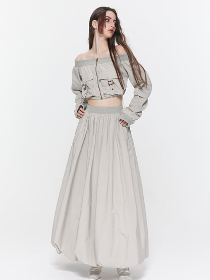 Off-Shoulder Damage Balloon Toops&amp;Long-Skirt