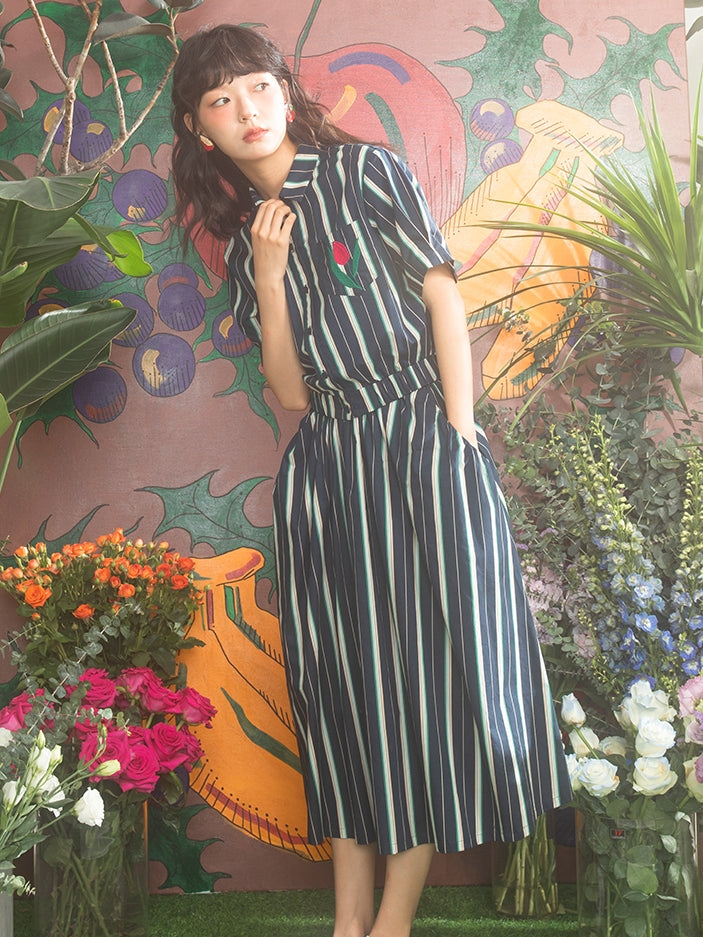 Stripe Casual Smmer Tulip Shirt&amp;Long-Skirt