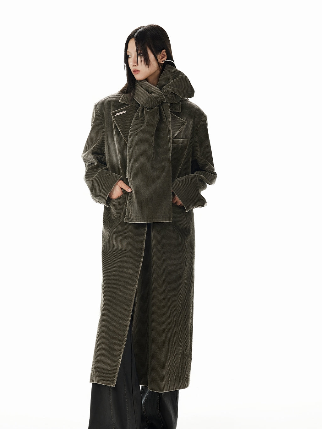 Corduroy Plain Retro Faded Long-Coat＆Muffler