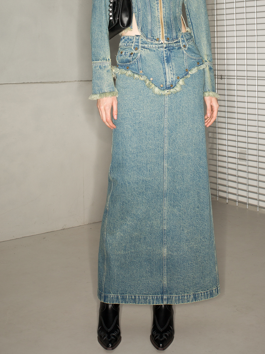 Denim Tassel Nichi Set-Up Tops&amp;Long-Skirt