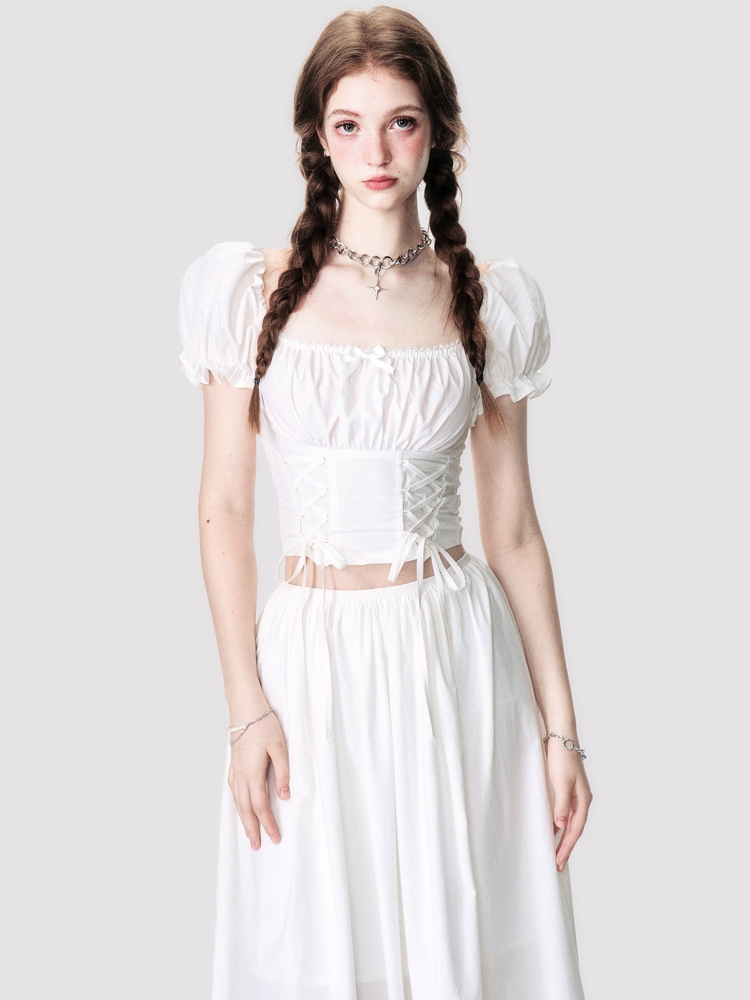 Puff-Sleeve Cropped Lace-Up Back-Open Blouse&amp;Long-Skirt