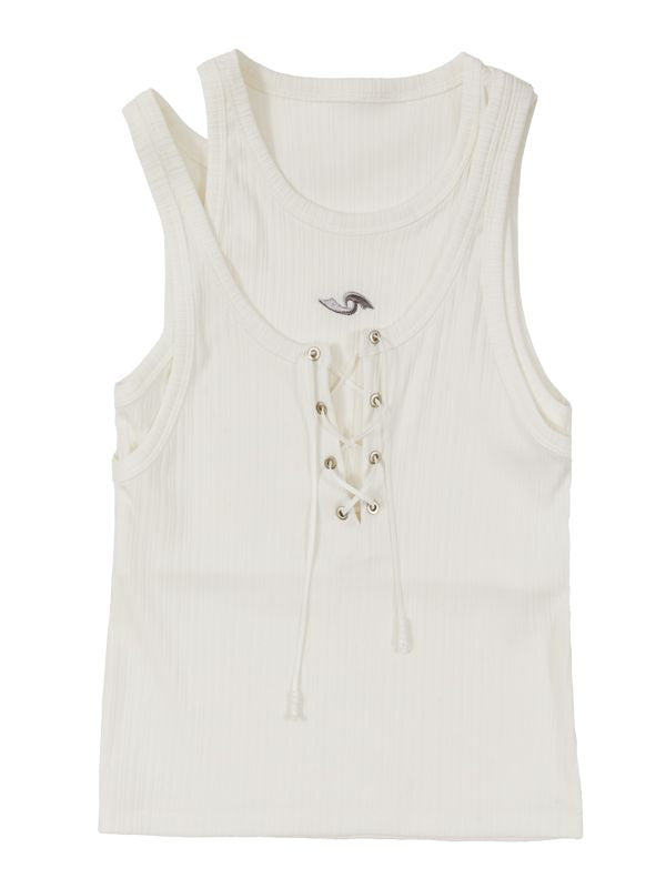 Laryered Lace-Up Casual Plain Tank-Top