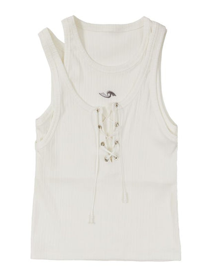 Laryered Lace-Up Casual Plain Tank-Top