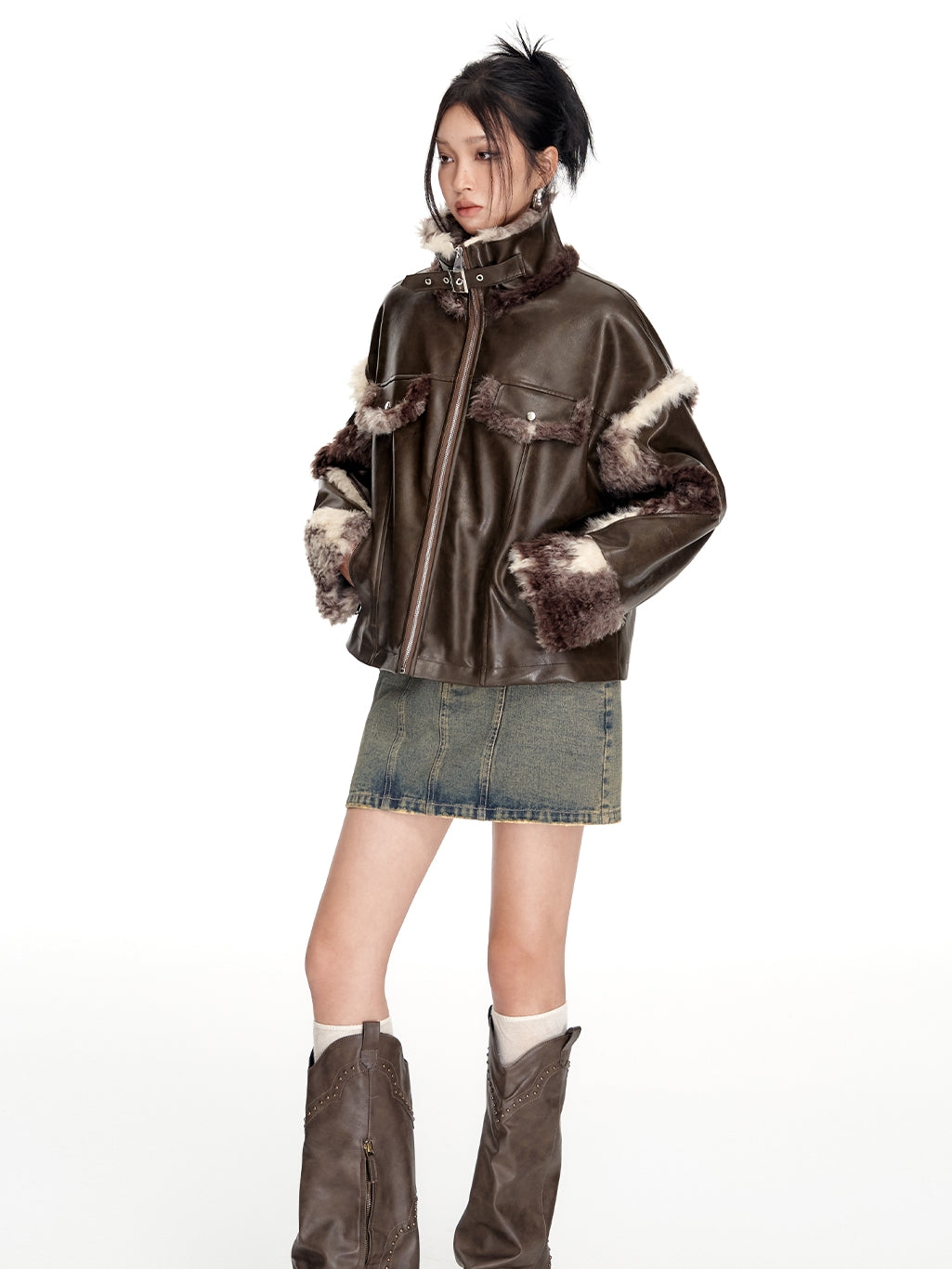 Fur Speckled Cool Stand-Collar Belt Leather-Jacket