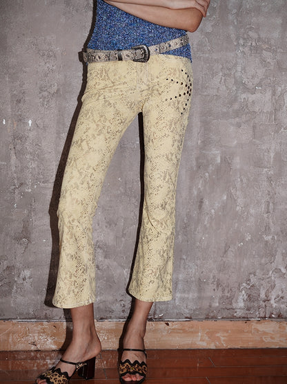 Corduroy Cropped Western Flare Studs Embroidery Pants