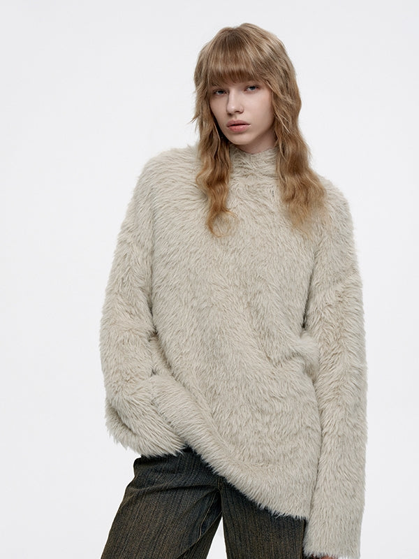 Oversize Long Fluffily Chic Hoodie Earth-Color Mohair-Knit