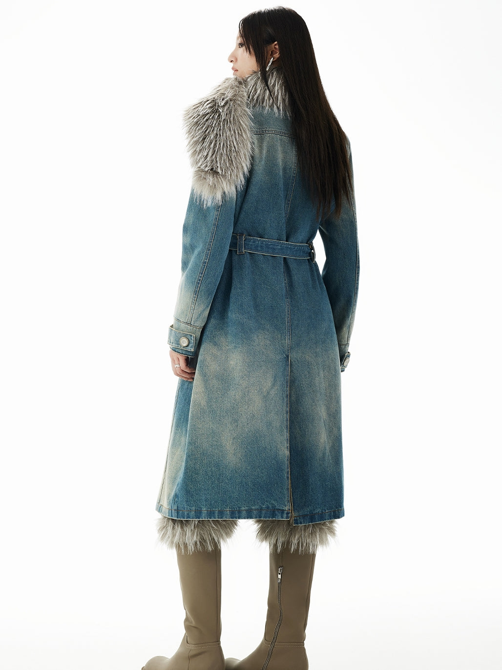 Nichi Fur-Collar Long Faded Casual Denim-Coat