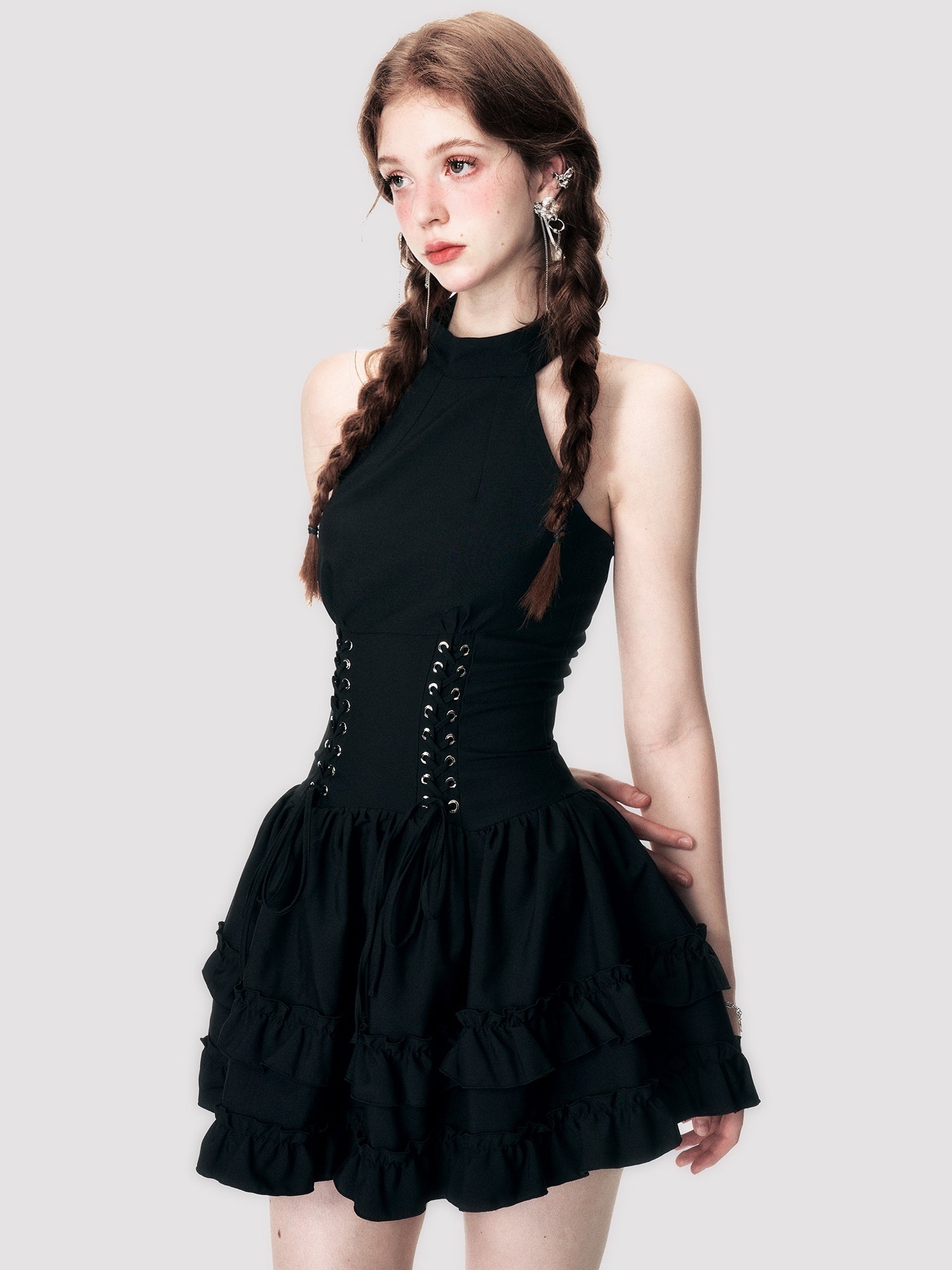 Halter-Neck Lace-Up Frill Tiered One-Piece