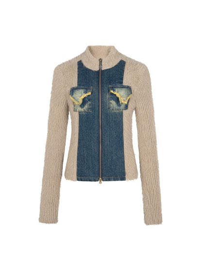 Denim＆Knit Patchwork Double-Zip Fur Tops