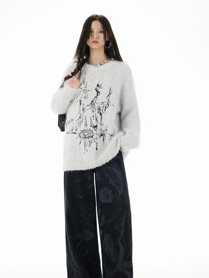 Modern Crew-Neck Long Fluffily Mohair-Knit