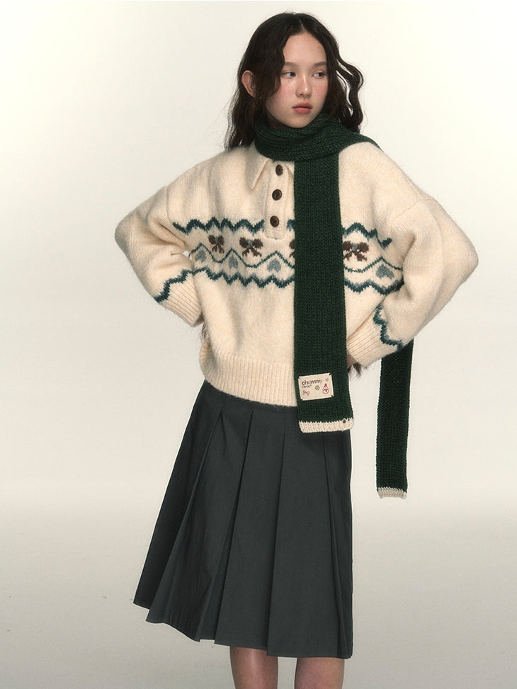 Polo-Neck Nordic Ribbon Knit Sweater