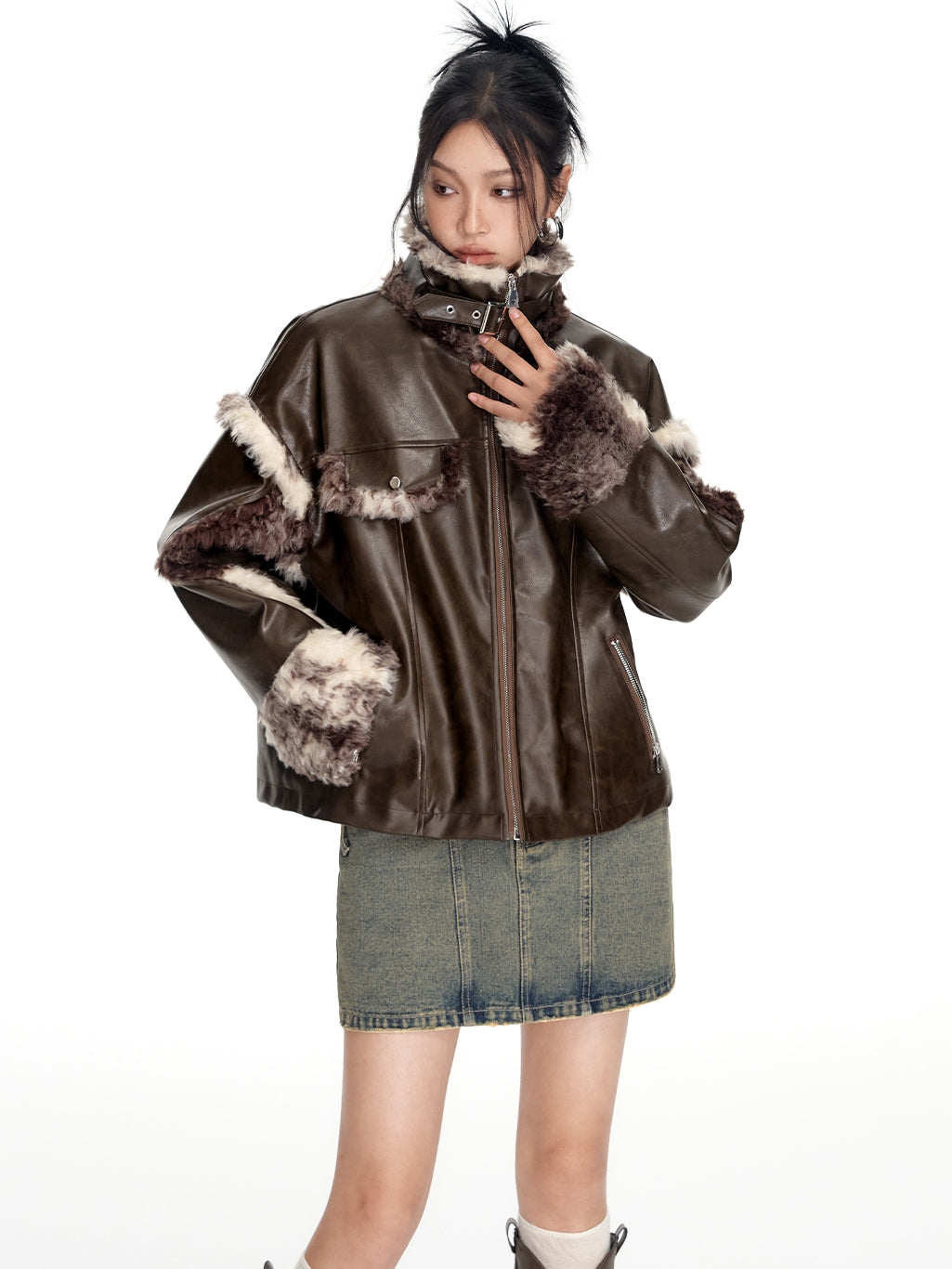 Fur Speckled Cool Stand-Collar Belt Leather-Jacket