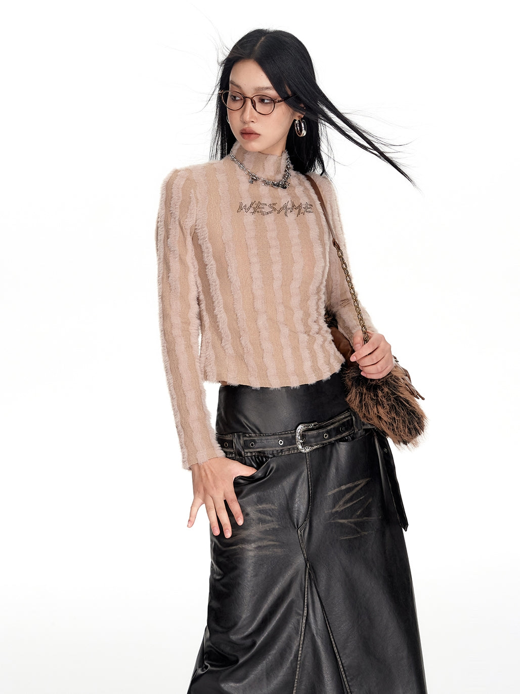 High-Neck Fliffily Rhinestone Slim Mohair-Knit