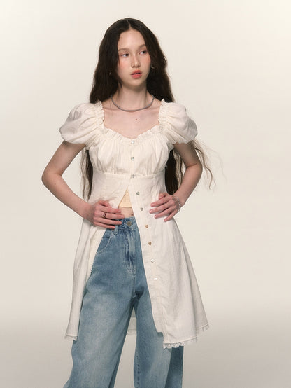 Puff-Sleeve Girly Mini Retro Lace Shirt-One-Piece