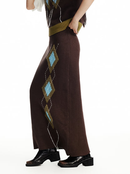 Knit Embroidery Retro Rhombus High-Neck-Vest＆Long-Skirt