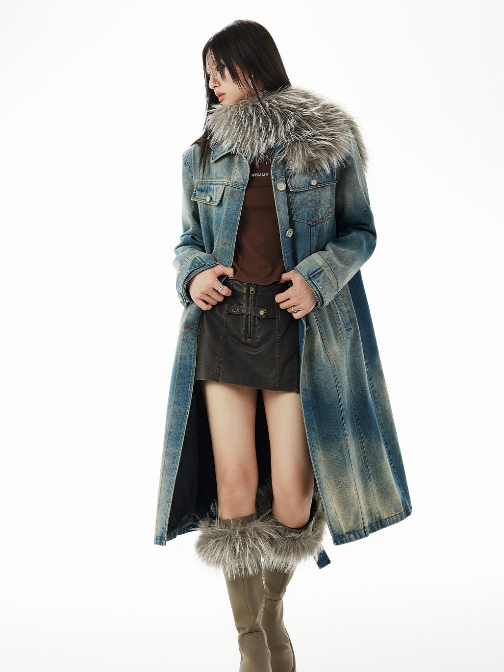 Nichi Fur-Colar Long Faded Casual Denim-coat