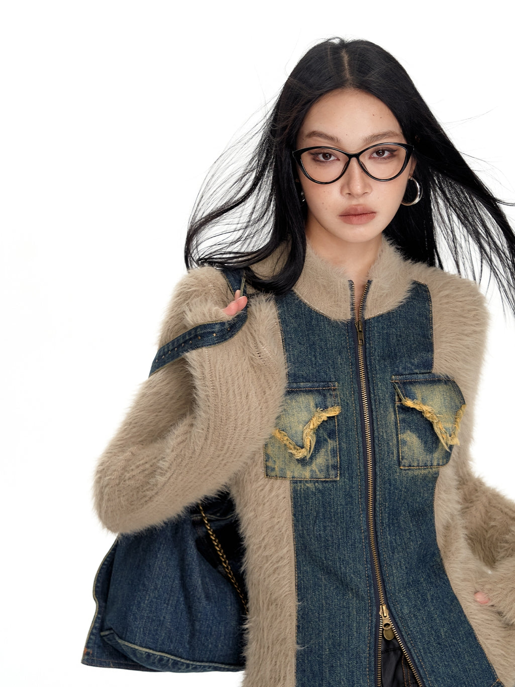 Denim＆Knit Patchwork Double-Zip Fur Tops