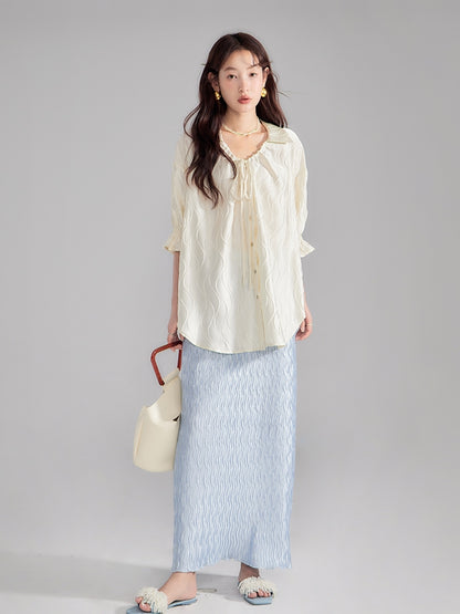 Embroidery Oversize Candy-Sleeve Wave Blouse