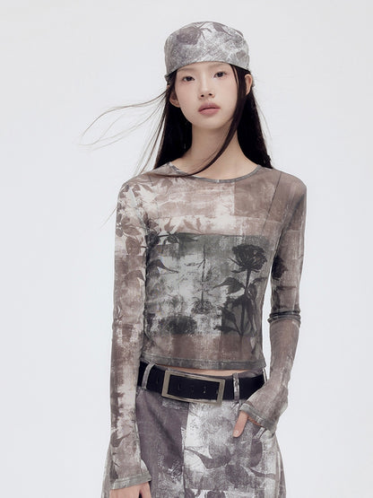 Sheer Mesh Silhouette Flower Cropped Cutsew