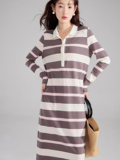 2 Type Border Long Casual I-Line Polo-one-Piece