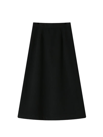 Wool Elastic-Waist Plain High-Waist Plain Flare A-Line Long-Skirt