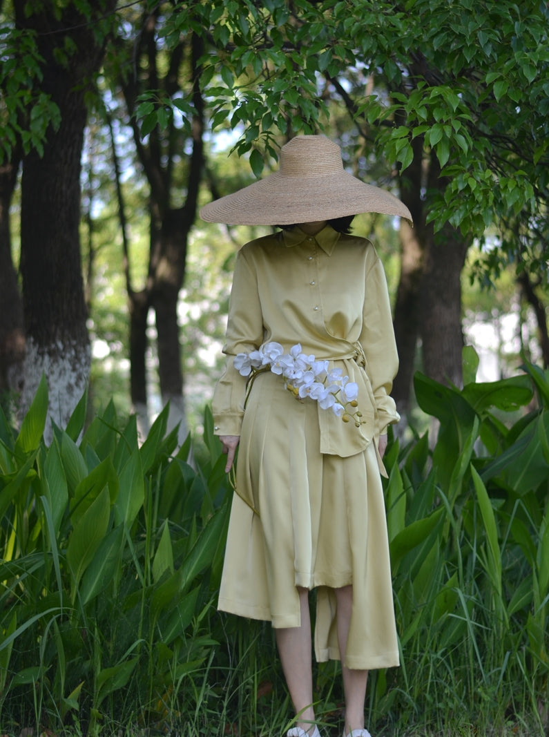 Smooth Satin Plain Simple Shirt&amp;Long-Skirt