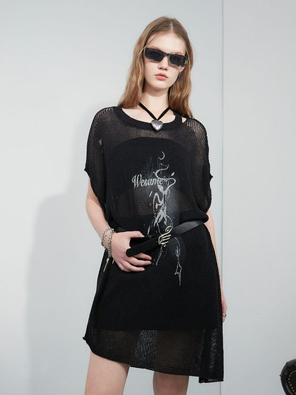 Sheer Asymmetry Mesh Damage Long-Tops