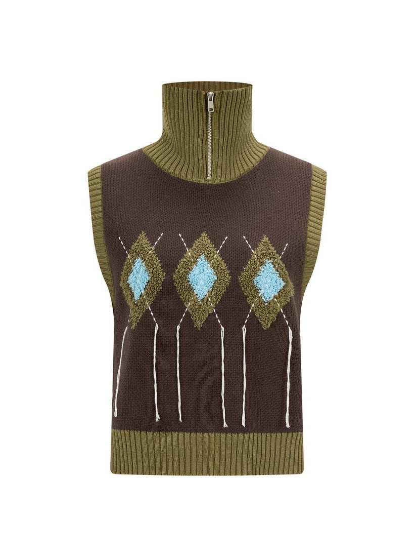 Knit Embroidery Retro Rhombus High-Neck-Vest＆Long-Skirt