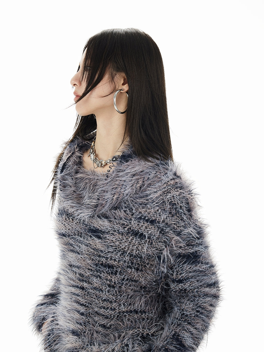 Fluffily Oversize One-Shoulder Loose Mohair-Knit＆Muffler