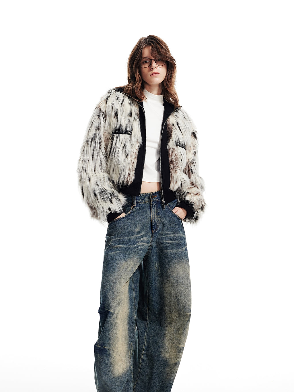 High-Neck Knit Zip Short-Length Balloon-Sleeve Fur-Jacket