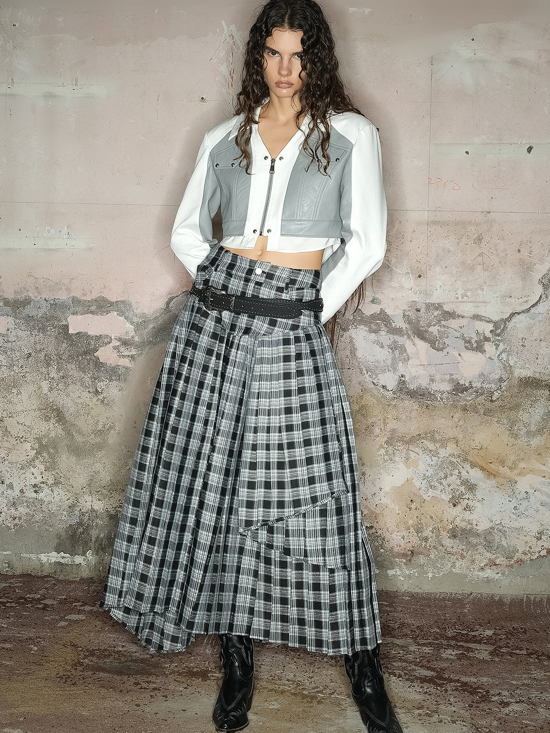 Tiered Asymmetry Checked Girly Nichi Long-Skirt