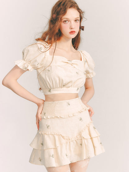 Embroidery Tiered Puff-Sleeve Flower Blouse&amp;Mini-Skirt