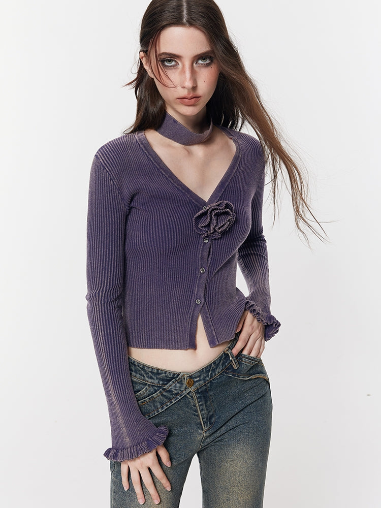 Rose Corsage Slim Retro Plain Knit&amp;Denim-Pants