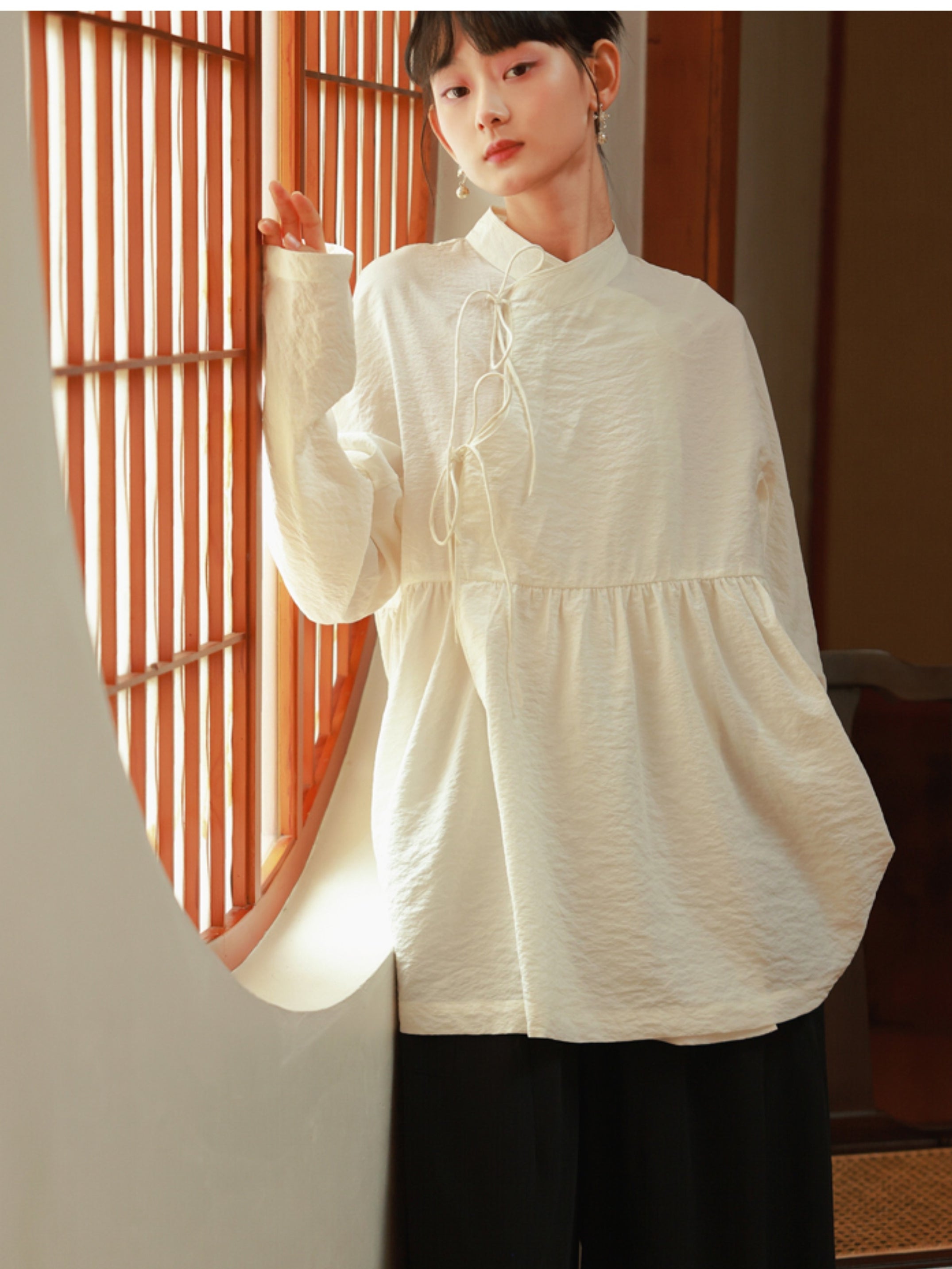 Fluffily China Mao-Collar Natural Flare Blouse