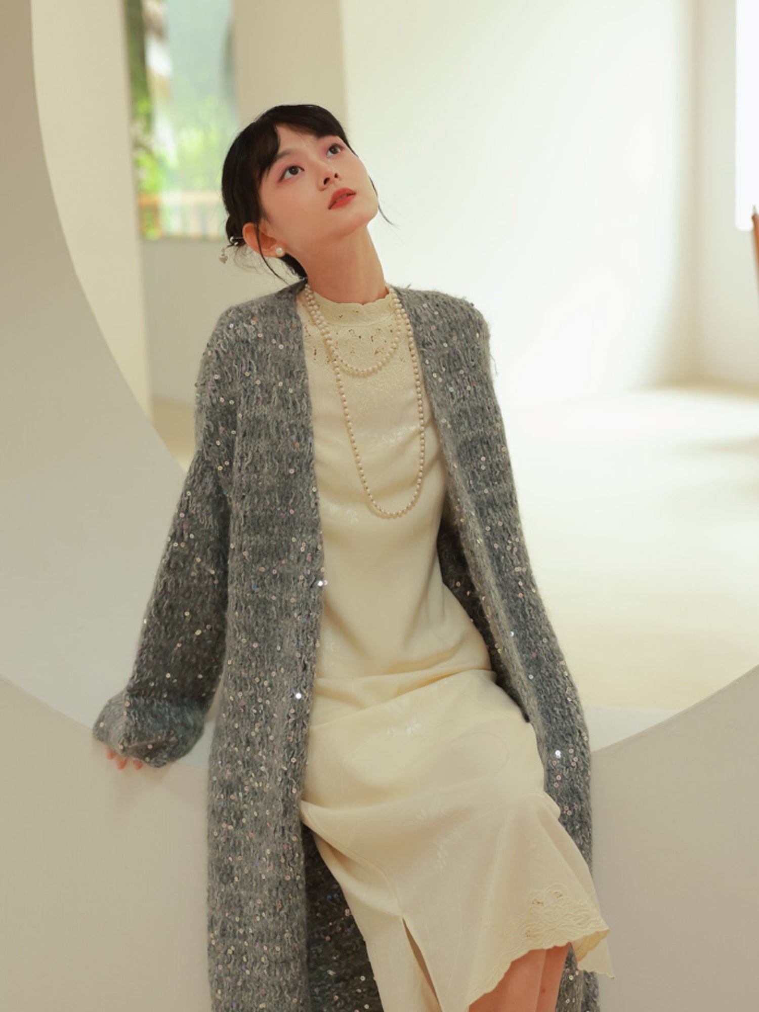 Glossy Loose Knit Effortless Sequins Long-Cardigan