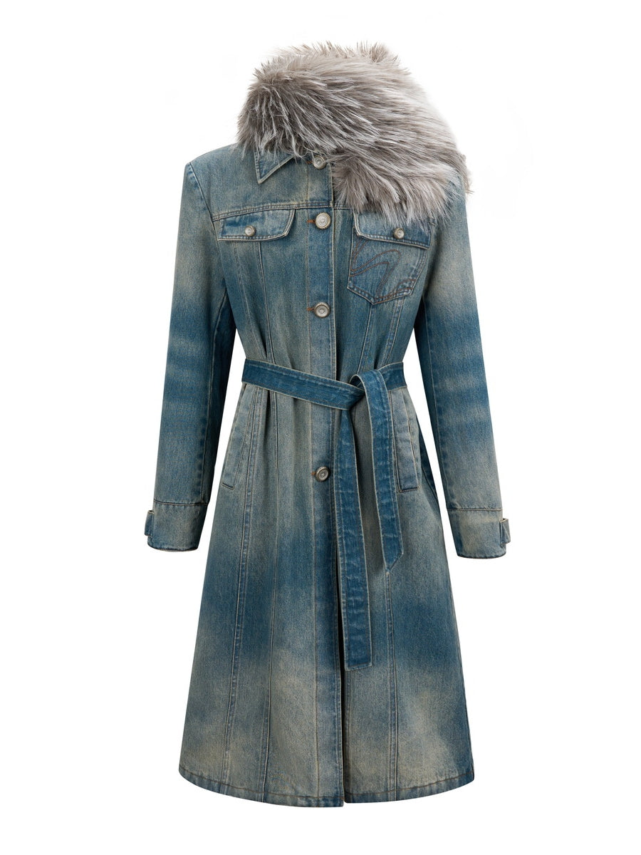 Nichi Fur-Collar Long Faded Casual Denim-Coat