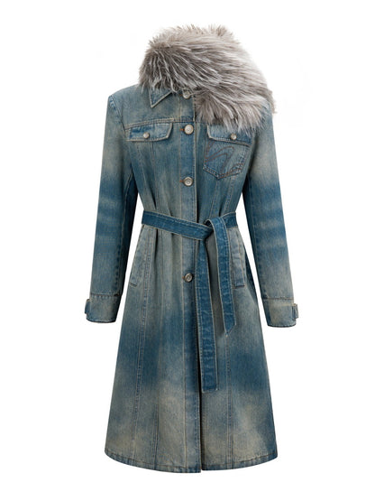 Nichi Fur-Colar Long Faded Casual Denim-coat