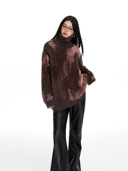 High-Neck Fluffily Half-Zip Casual Oversize Mohair-Knit