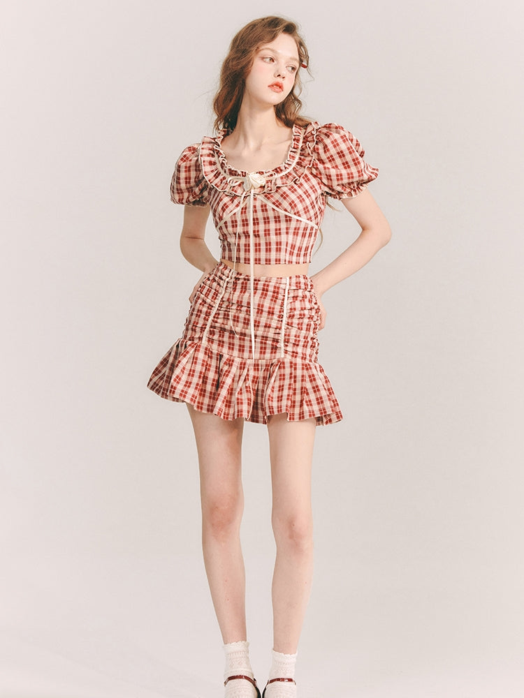 Checked Girly Puff-Ärmer Netter Bluse &amp; Minirocke